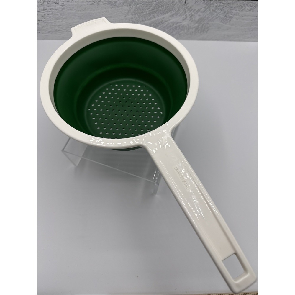 Vtg Farberware Colander Strainer Collapsible White Green Pot Hook Long Handle